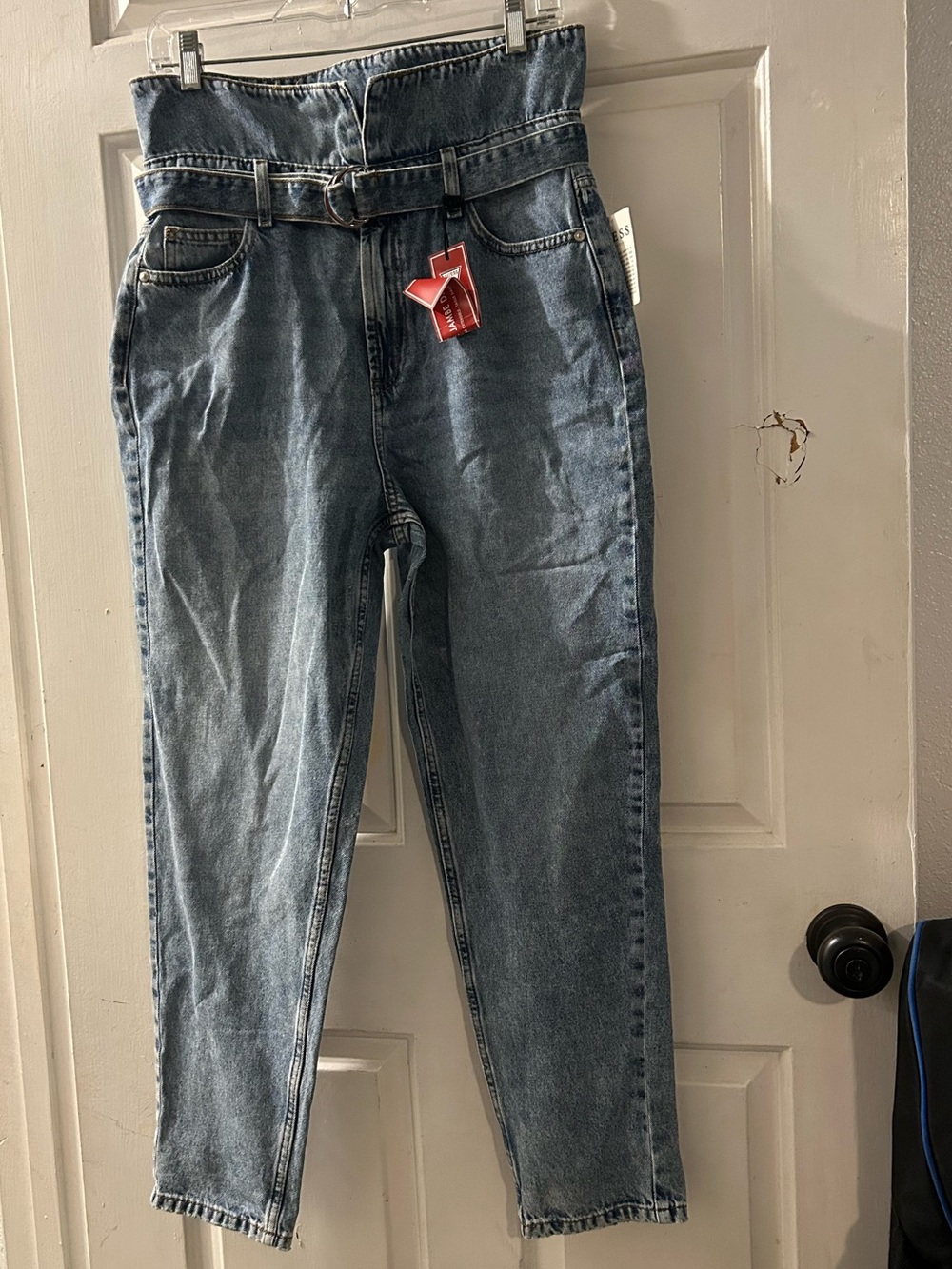 Guess High-Rise Blue Belted Mom Jeans